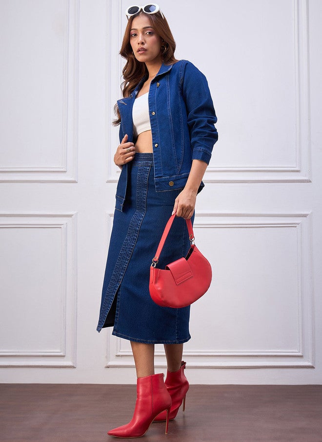 StyleStone Women High Rise Denim Straight Midi Skirt with Front Slit - Image 4