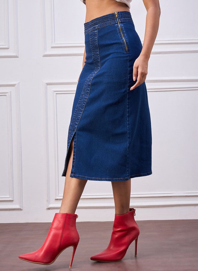 StyleStone Women High Rise Denim Straight Midi Skirt with Front Slit - Image 2