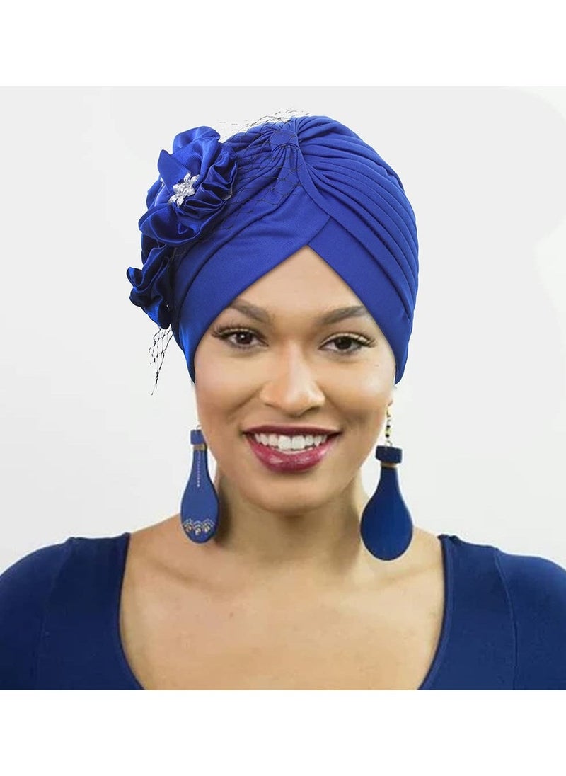 Generic Pack of 2 Turban Head Wrap Pattern Head Scarf Soft Flower Print Head Cover Cap Knotted Head Wraps Cap White Mesh Pre-Tied Turban Headwear Rhinestone Flower for Women and Girls  - Image 3