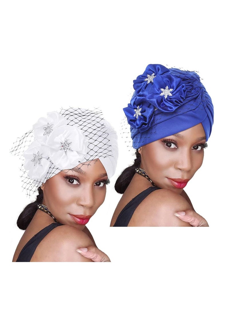 Generic Pack of 2 Turban Head Wrap Pattern Head Scarf Soft Flower Print Head Cover Cap Knotted Head Wraps Cap White Mesh Pre-Tied Turban Headwear Rhinestone Flower for Women and Girls  - Image 1