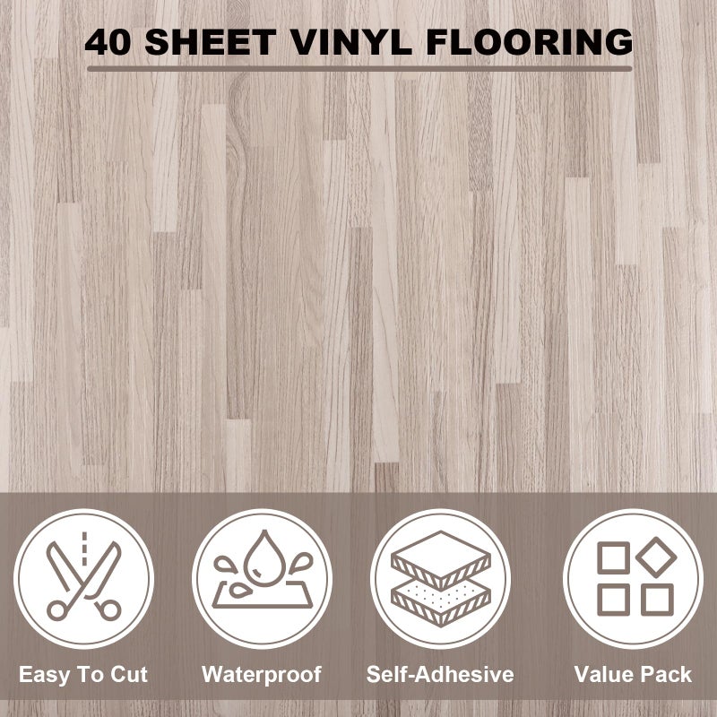 AKOLAFE 40 Sheet Vinyl Flooring 12x12 Peel and Stick Floor Tile Waterproof Clearance Vinyl Floor Tiles Striated Wood Self Adhesive Floor Tiles Sticky Laminate Flooring for Bathroom Kitchen Basement RV - Image 3