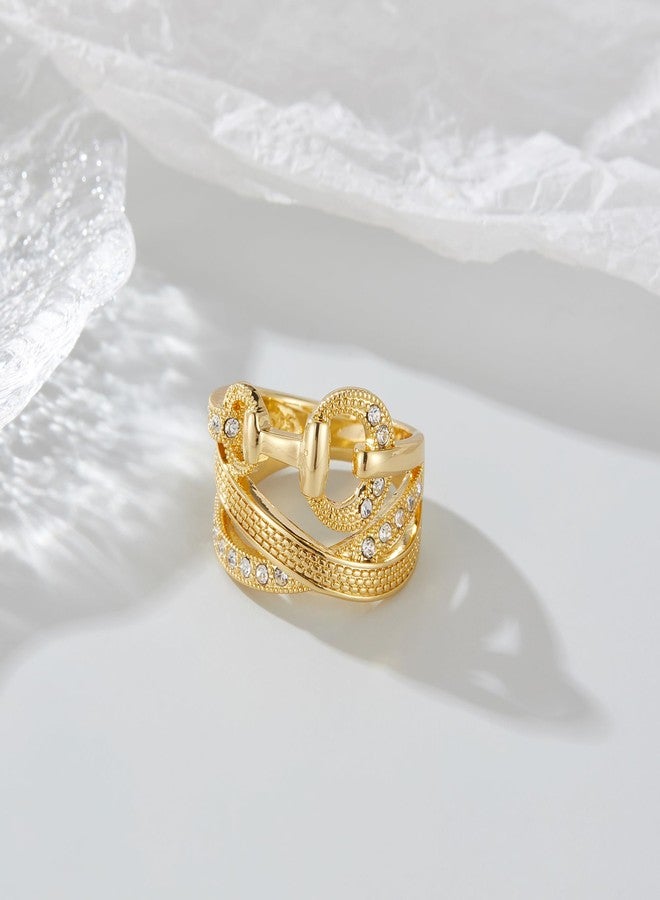 Aprilery Gold Rings for Women, Fashion Cross Rings Statement CZ Crystal Belt Chunky Band Costume Rings Jewelry for Gifts for Women (Gold Hollow, 7) - Image 4