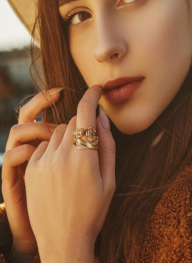 Aprilery Gold Rings for Women, Fashion Cross Rings Statement CZ Crystal Belt Chunky Band Costume Rings Jewelry for Gifts for Women (Gold Hollow, 7) - Image 3