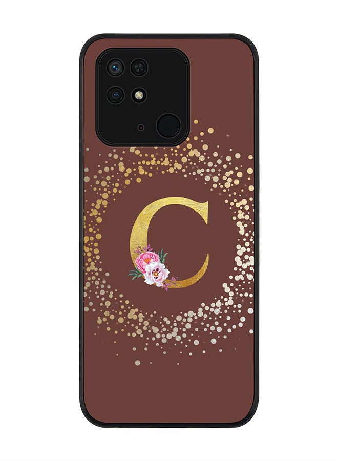 Stylizedd Rugged Black edge case for Redmi 10C 4G  Slim fit Soft Case Flexible Rubber Edges Anti Drop TPU Gel Thin Cover - Custom Monogram Initial Letter Floral Pattern Alphabet - C (Brown ) - Image 1