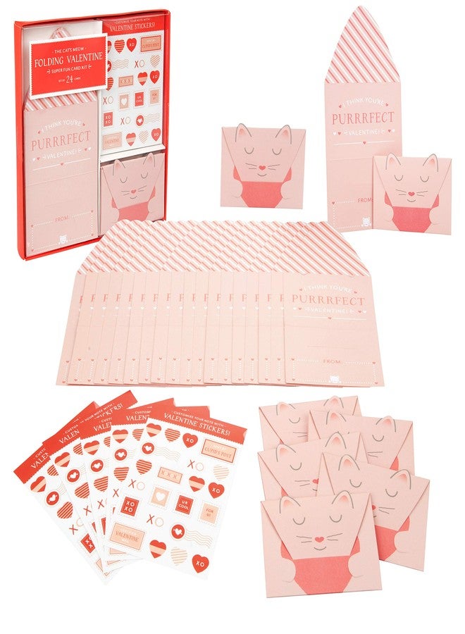 SCS Direct 24 Pack Pink Cat Valentine's Day Card & Sticker Set for Kids - I Think You're Purrrfect Valentine! - Cute Kitten Design - School Classroom Valentine Exchange Parties for Girls & Boys - Ages 4+ - Image 1