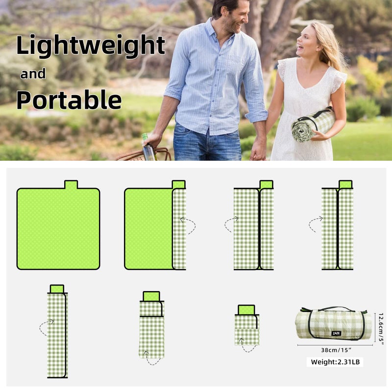 ZAZE ZAZE Extra Large Picnic Outdoor Blanket, 80''x80'' Waterproof Foldable Blankets Gingham Picnic Mat for Beach, Camping Grass Lawn Park Accessories Cute Couple Ideas Wedding Registry(Green White)  - Image 5