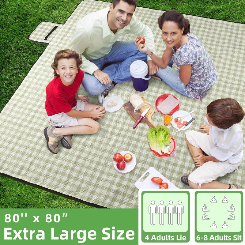ZAZE ZAZE Extra Large Picnic Outdoor Blanket, 80''x80'' Waterproof Foldable Blankets Gingham Picnic Mat for Beach, Camping Grass Lawn Park Accessories Cute Couple Ideas Wedding Registry(Green White)  - Image 2