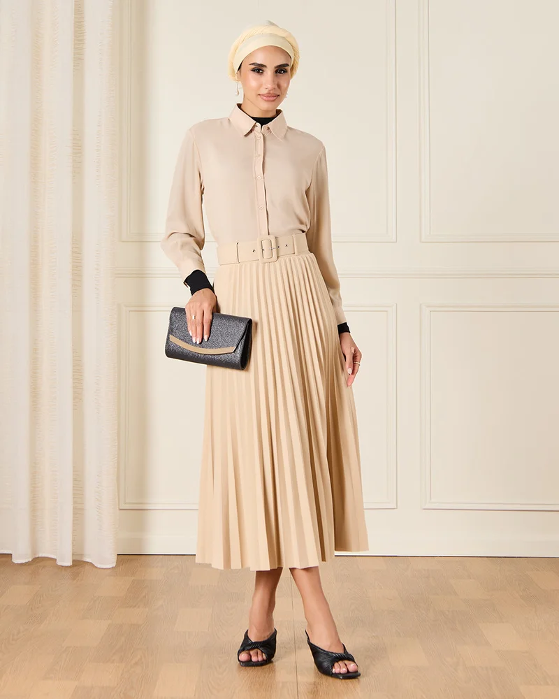 REDTAG Women Beige Button Front Blouse With Pleated Back Detail