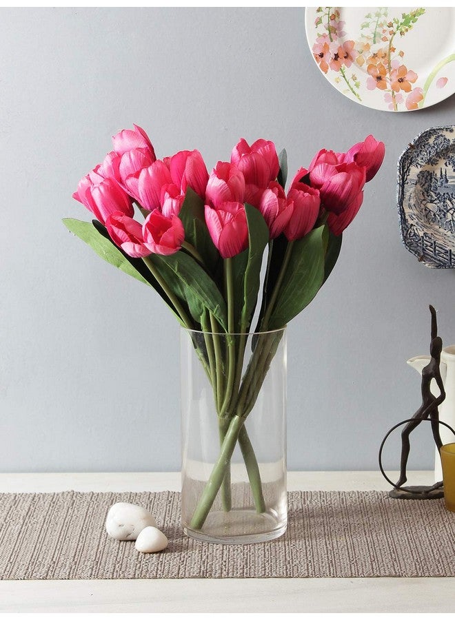 Fourwalls Beautiful Artificial Polyester and Plastic Tulip Flower Bunch (9 Head Flower, 38 cm Total Height, Dark/Pink, Set of 2) - Image 5