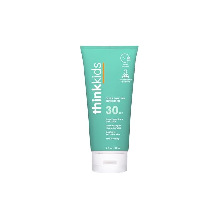 Thinkkids SPF 30 Mineral Sunscreen for Kids, Clear Zinc Oxide, 6 fl oz, Natural, Vegan, Reef Safe, Water Resistant Broad Spectrum UVA/UVB Sun Protection