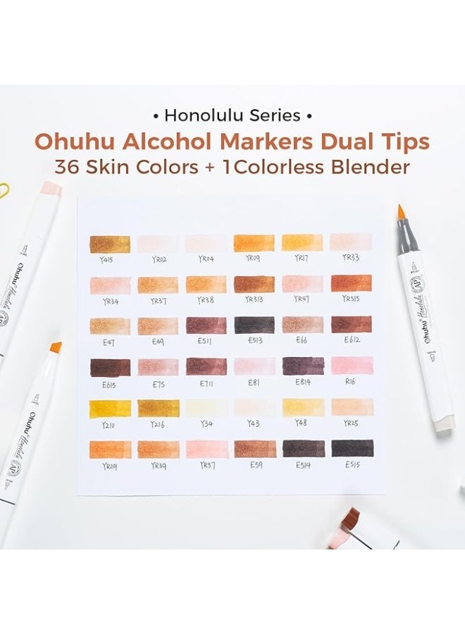 أوهوهو اقلام تحديد كحولية 36 لون بدرجات لون البشرة بسن ازميل وسن رفيع لرسم الاسكتش والتلوين للكبار والصغار مع 1 قلم مزج كحولي بدون لون من اوهوهو، متعدد الألوان - Image 5
