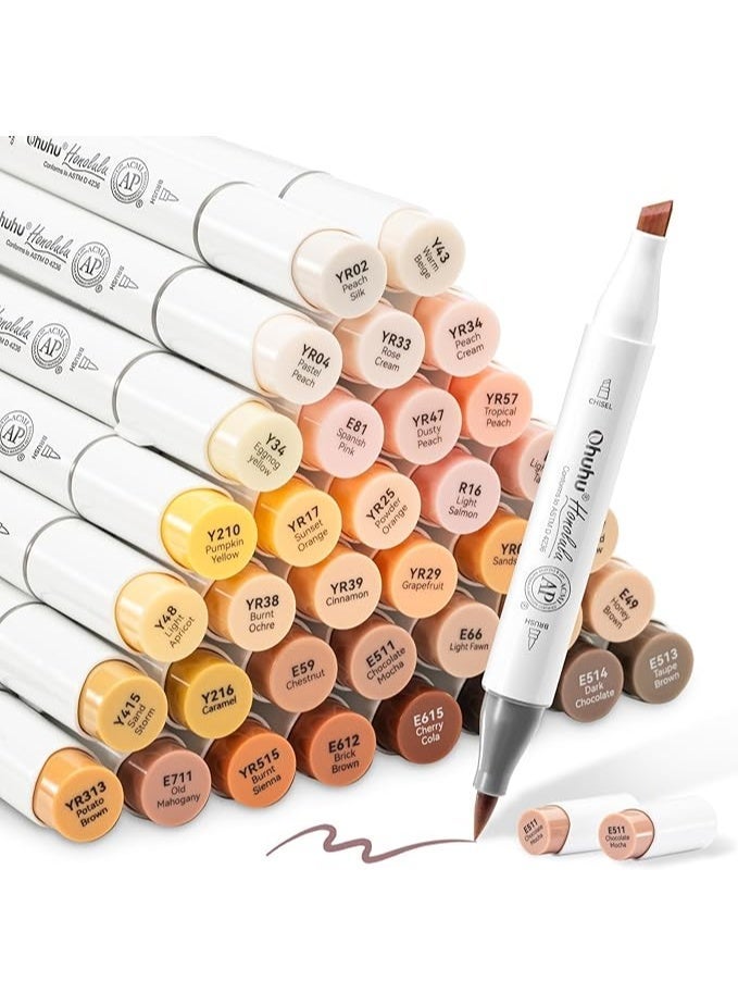 أوهوهو اقلام تحديد كحولية 36 لون بدرجات لون البشرة بسن ازميل وسن رفيع لرسم الاسكتش والتلوين للكبار والصغار مع 1 قلم مزج كحولي بدون لون من اوهوهو، متعدد الألوان - Image 1