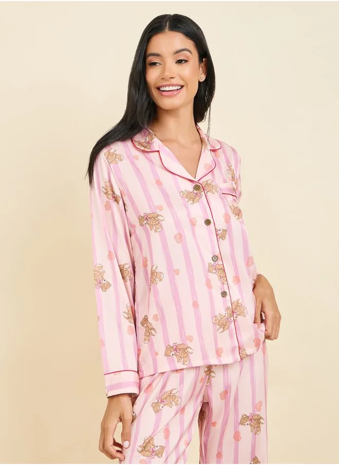 ستايلي Striped Bear AOP Contrast Piped Shirt and Pyjama Set