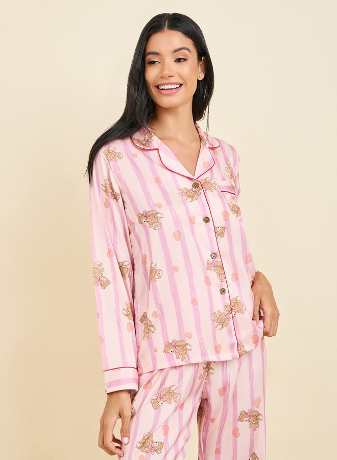 Styli Striped Bear AOP Contrast Piped Shirt and Pyjama Set  - Image 3