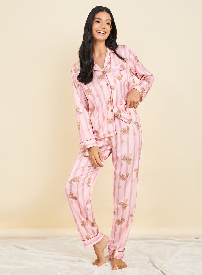 Styli Striped Bear AOP Contrast Piped Shirt and Pyjama Set  - Image 2