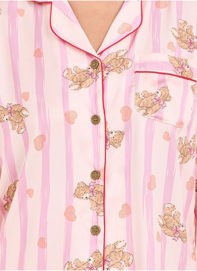 ستايلي Striped Bear AOP Contrast Piped Shirt and Pyjama Set