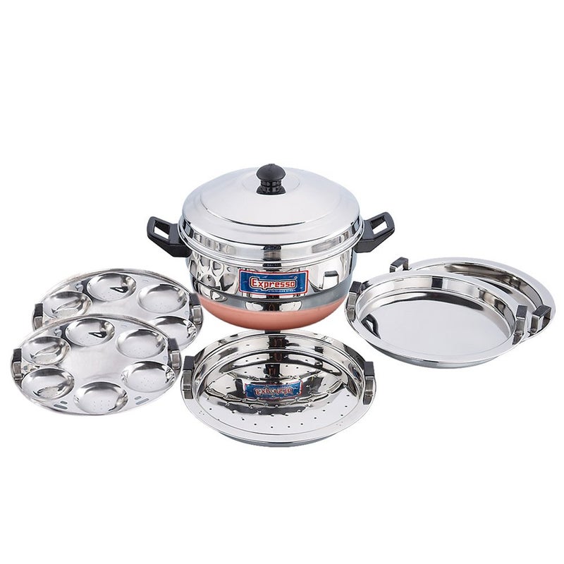 Expresso Stainless Steel Copper Bottom Base & Multi Kadhai 12 idli plate/ 2 Dhokla Stand & 1 Steamer Plate, Compatible With Gas Stove