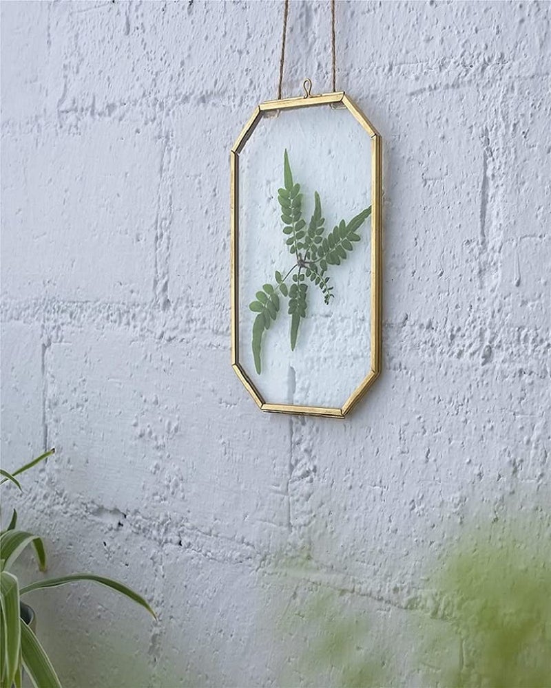 ARTINCO Art India Collections Home Decor Glass & Metal Hanging Octagon Picture Frame for Wall Decoration, with 2 Sides Glass - 4 x 6 inch (Golden) Decorative Hanging Photo Frame - Image 1