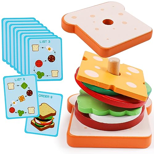 kizh Wooden Sandwich Sorting Stacking Toys Play Food Set for Toddlers Preschool Educational Montessori Toys Fine Motor Toy for Kids Boys Girls - Image 1