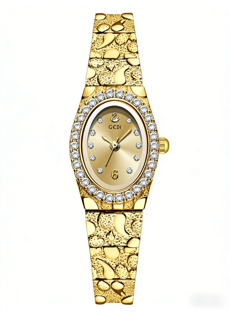 جدي GEDI Luxury Gold Women's Watch - Oval Crystal-Encrusted Dial Stainless Steel Bracelet, Elegant Ladies Quartz Wristwatch for Daily & Formal Occasions - Image 1