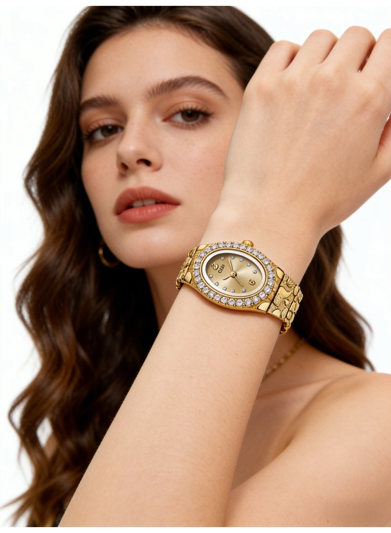 جدي GEDI Luxury Gold Women's Watch - Oval Crystal-Encrusted Dial Stainless Steel Bracelet, Elegant Ladies Quartz Wristwatch for Daily & Formal Occasions - Image 5