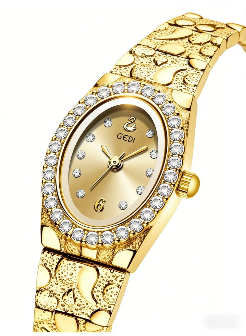 جدي GEDI Luxury Gold Women's Watch - Oval Crystal-Encrusted Dial Stainless Steel Bracelet, Elegant Ladies Quartz Wristwatch for Daily & Formal Occasions - Image 2
