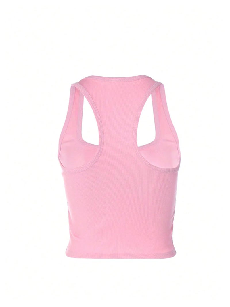 WDIRARA Women's Letter Rhinestone Racerback Crop Tank Top Y2k Square Neck Sleeveless Rib Knit Tops Pink X-Small - Image 4