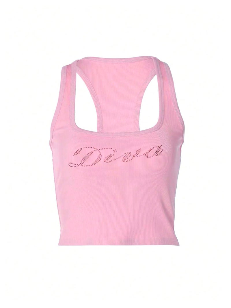 WDIRARA Women's Letter Rhinestone Racerback Crop Tank Top Y2k Square Neck Sleeveless Rib Knit Tops Pink X-Small - Image 5