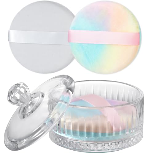 NiHome Large Powder Puff with Container Set Glass Powder Puff Holder with Lid and 2 UltraSoft Velvet Puffs Elegant Crystal Glass Storage Jar for Loose Powder Body Powder and Setting Powder - Image 1