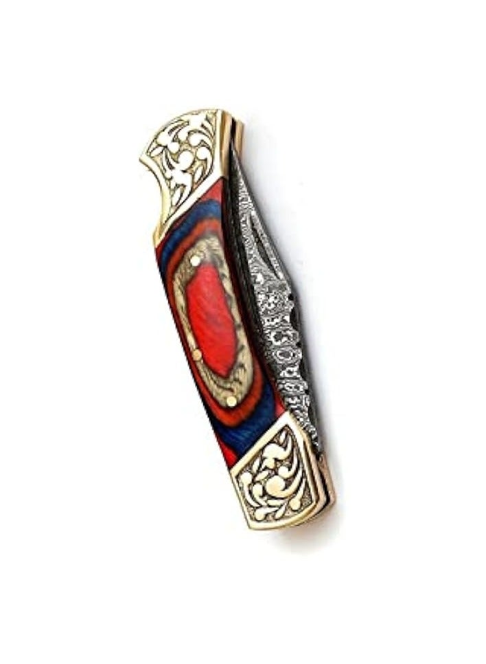 جرين تايجر سكين قابلة للطي مصنوعة يدويًا من خشب دمشقي مع غمد جلدي للتخييم وصيد الأسماك والصيد والمطبخ (أحمر) - Image 3