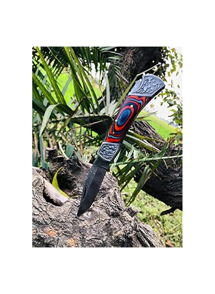 جرين تايجر سكين قابلة للطي مصنوعة يدويًا من خشب دمشقي مع غمد جلدي للتخييم وصيد الأسماك والصيد والمطبخ (أحمر) - Image 4