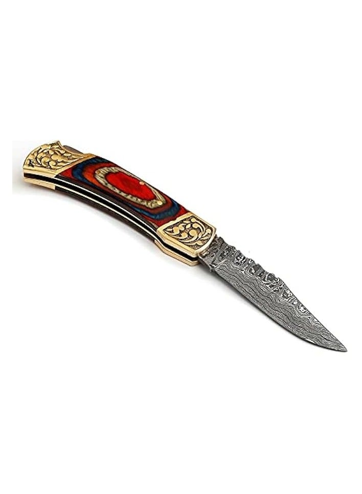 جرين تايجر سكين قابلة للطي مصنوعة يدويًا من خشب دمشقي مع غمد جلدي للتخييم وصيد الأسماك والصيد والمطبخ (أحمر) - Image 2