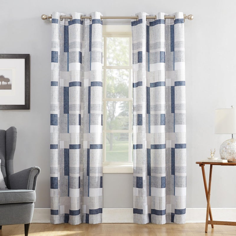 No. 918 Blockade Geometric Blocks Semi-Sheer Grommet Curtain Panel, 40" x 84, Navy - Image 1