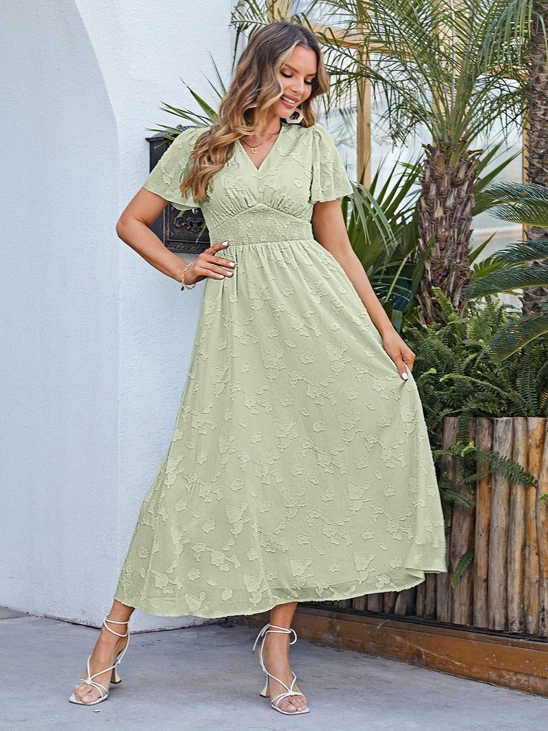Simplee Apparel Simplee Women's Boho Floral V Neck Short Sleeve Formal Maxi Ruffle Dress Summer Long Flowy Lace Bridesmaid Wedding Party Evening Dress (L Light Green) - Image 2