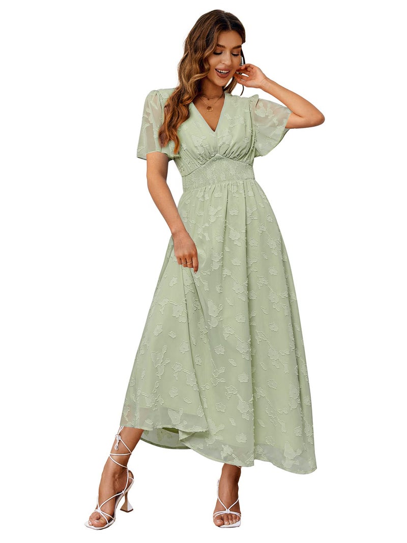 Simplee Apparel Simplee Women's Boho Floral V Neck Short Sleeve Formal Maxi Ruffle Dress Summer Long Flowy Lace Bridesmaid Wedding Party Evening Dress (L Light Green) - Image 1