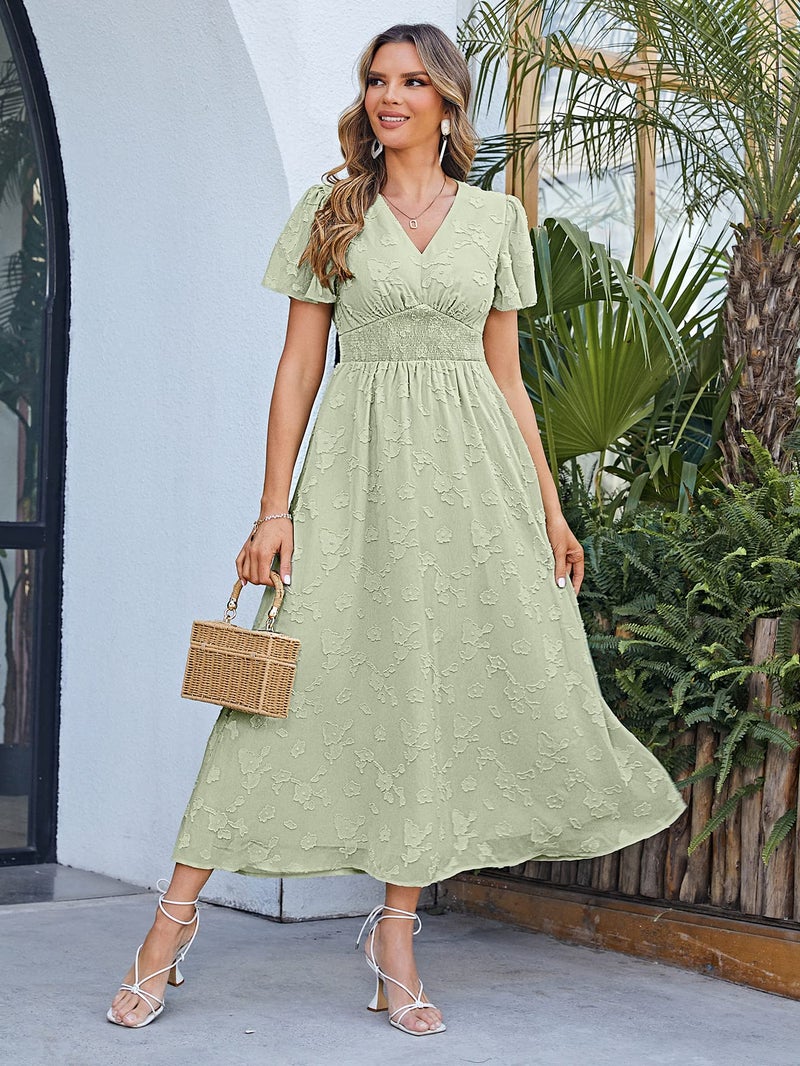 Simplee Apparel Simplee Women's Boho Floral V Neck Short Sleeve Formal Maxi Ruffle Dress Summer Long Flowy Lace Bridesmaid Wedding Party Evening Dress (L Light Green) - Image 5