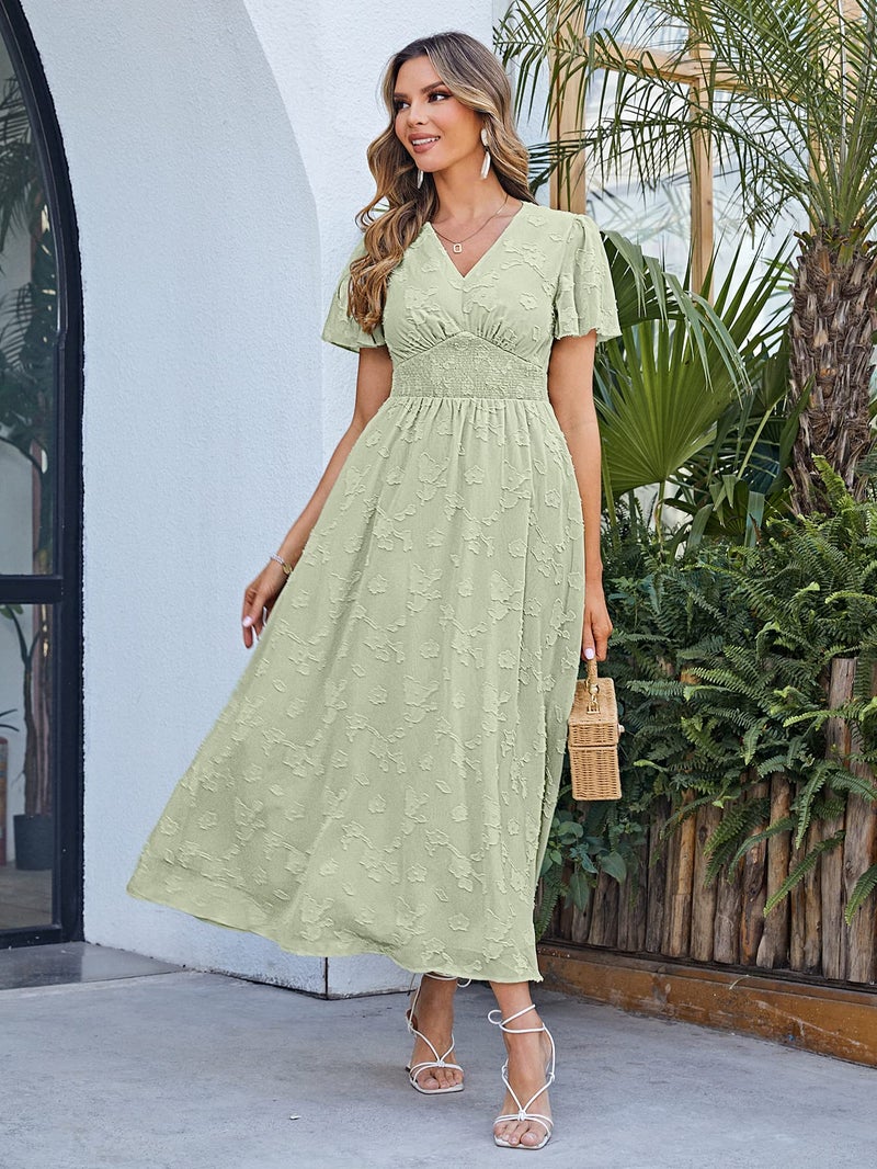 Simplee Apparel Simplee Women's Boho Floral V Neck Short Sleeve Formal Maxi Ruffle Dress Summer Long Flowy Lace Bridesmaid Wedding Party Evening Dress (L Light Green) - Image 3