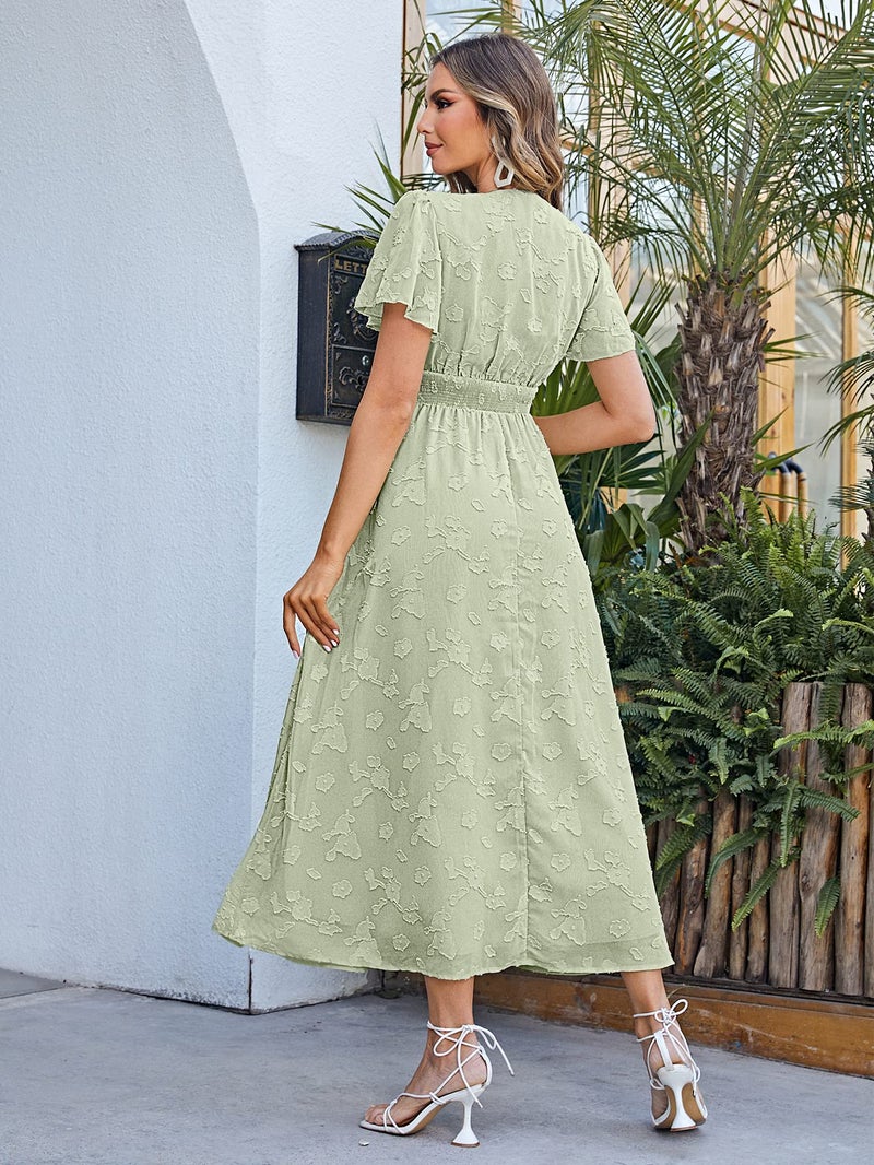 Simplee Apparel Simplee Women's Boho Floral V Neck Short Sleeve Formal Maxi Ruffle Dress Summer Long Flowy Lace Bridesmaid Wedding Party Evening Dress (L Light Green) - Image 4