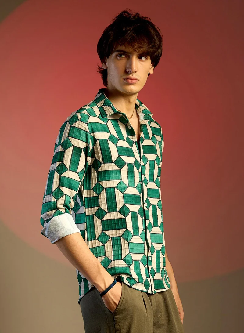 Campus Sutra Men's Emerald Green & Ivory White Contrast Block Shirt