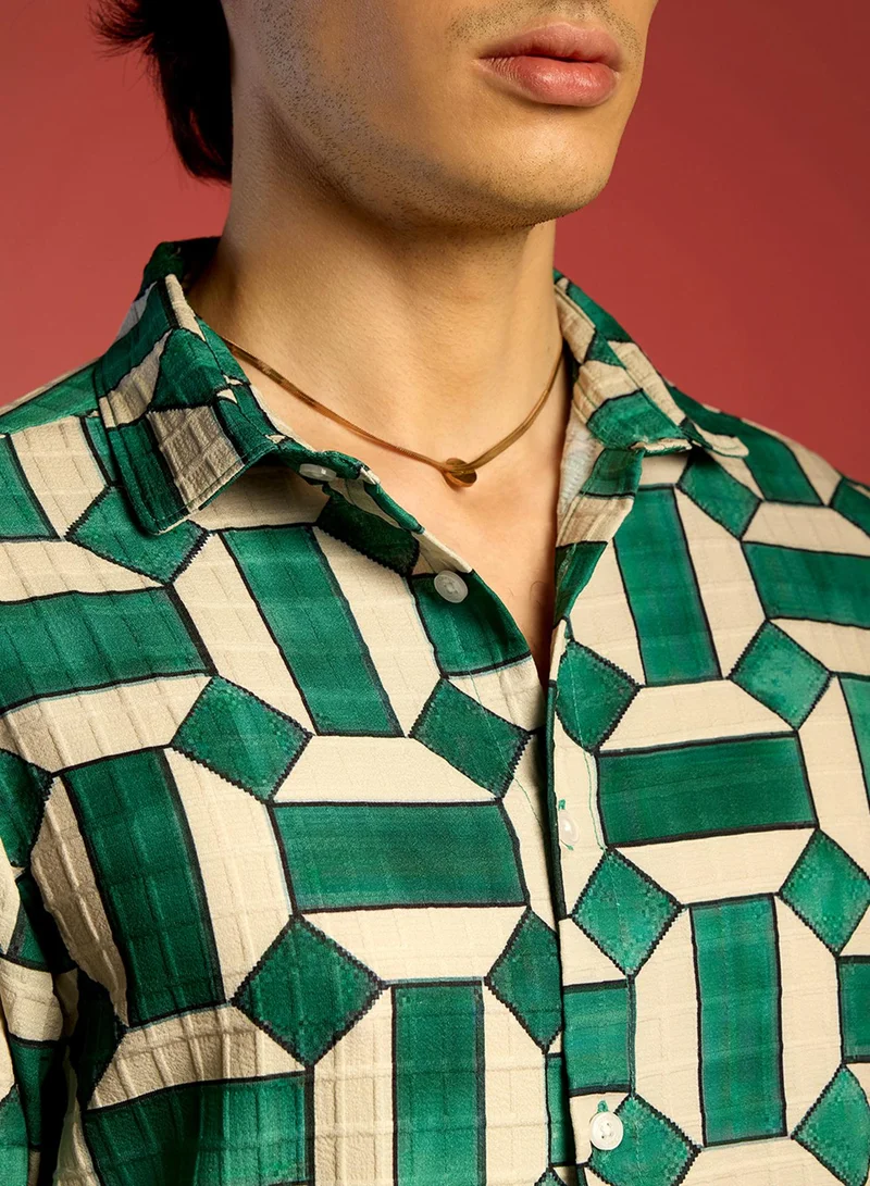 Campus Sutra Men's Emerald Green & Ivory White Contrast Block Shirt