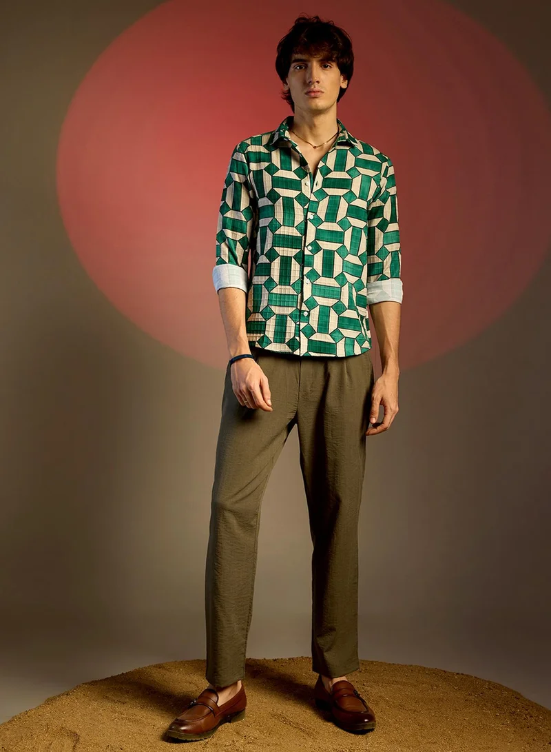 Campus Sutra Men's Emerald Green & Ivory White Contrast Block Shirt