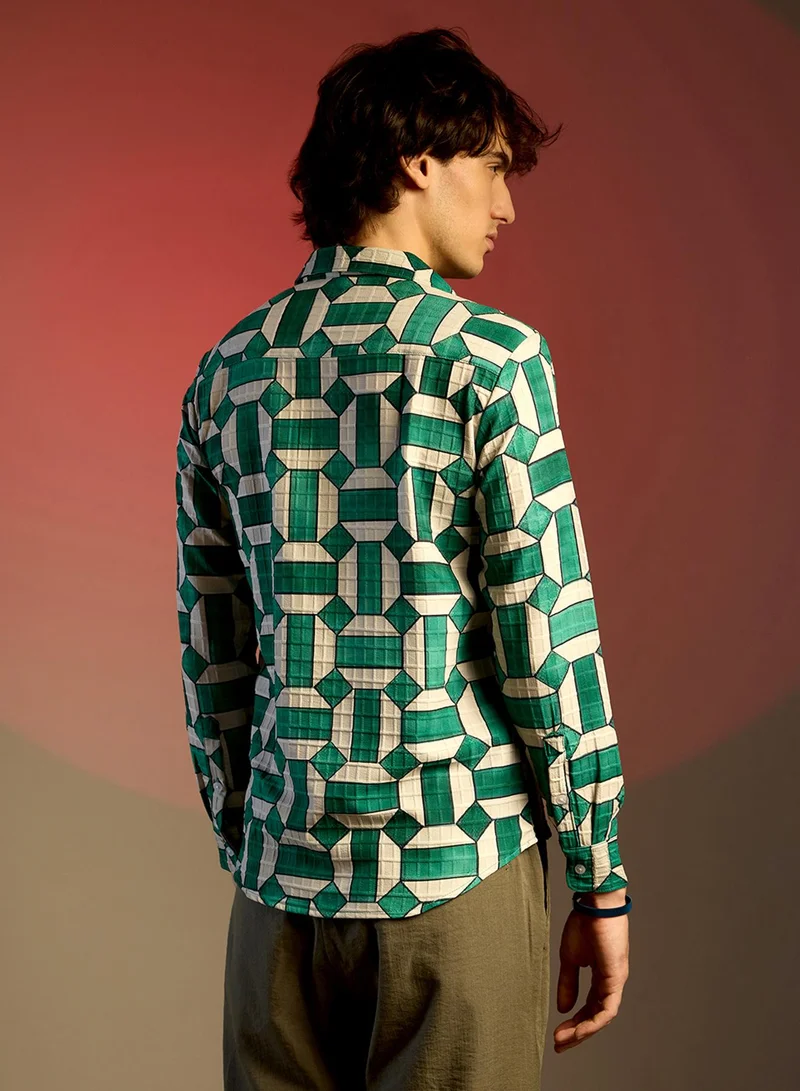 Campus Sutra Men's Emerald Green & Ivory White Contrast Block Shirt