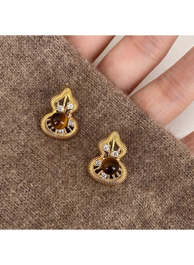 18k Real Gold Electroplated Silver Needle Tiger Eye Stone Oval Earrings, Maillard Vintage Earrings, Light Luxury High-end Earrings