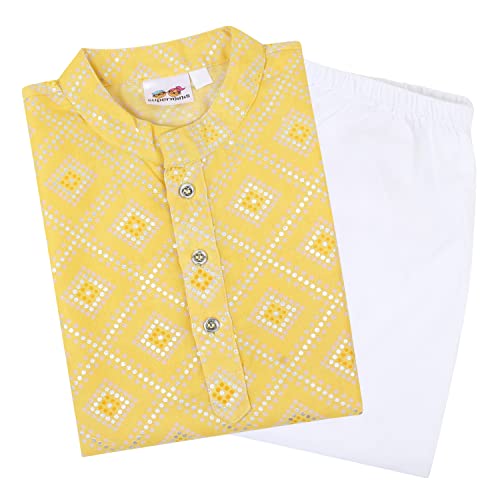 superminis Boys Silver Foil Printed Cotton Kurta, Round Collar, Full Sleeves With White Pyjama, Kurta Set (Yellow, 4-5 Years) - Image 1