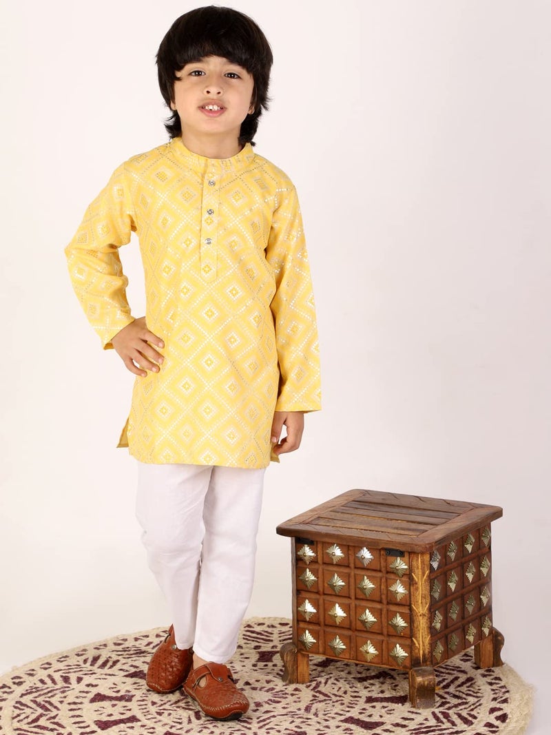 superminis Boys Silver Foil Printed Cotton Kurta, Round Collar, Full Sleeves With White Pyjama, Kurta Set (Yellow, 4-5 Years) - Image 2