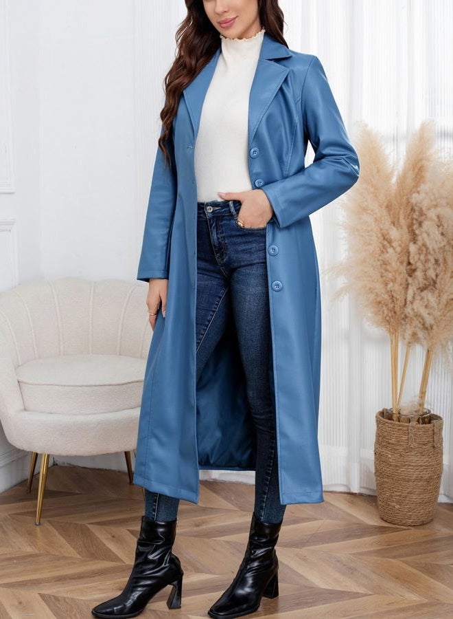 utcoco Womens Faux Leather Trench Coat Classic Lapel Button Down Maxi Jacket 2025 Stylish Overcoat, Blue, L - Image 5
