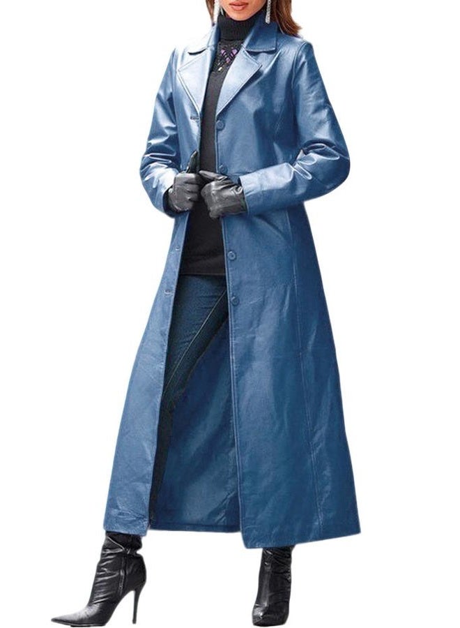 utcoco Womens Faux Leather Trench Coat Classic Lapel Button Down Maxi Jacket 2025 Stylish Overcoat, Blue, L - Image 1