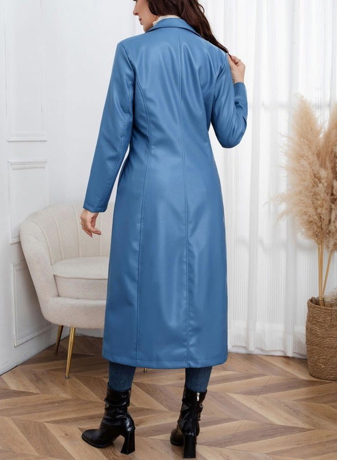 utcoco Womens Faux Leather Trench Coat Classic Lapel Button Down Maxi Jacket 2025 Stylish Overcoat, Blue, L - Image 3