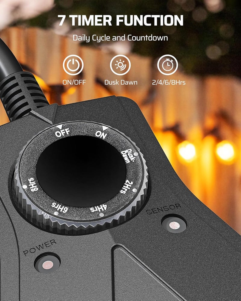 DEWENWILS Light Timer Outdoor Weatherproof Christmas, Heavy Duty 3-Prong Grounded Outlet, Dusk to Dawn and 2/4/6/8 Countdown Timer for String Light, UL Listed - Image 3