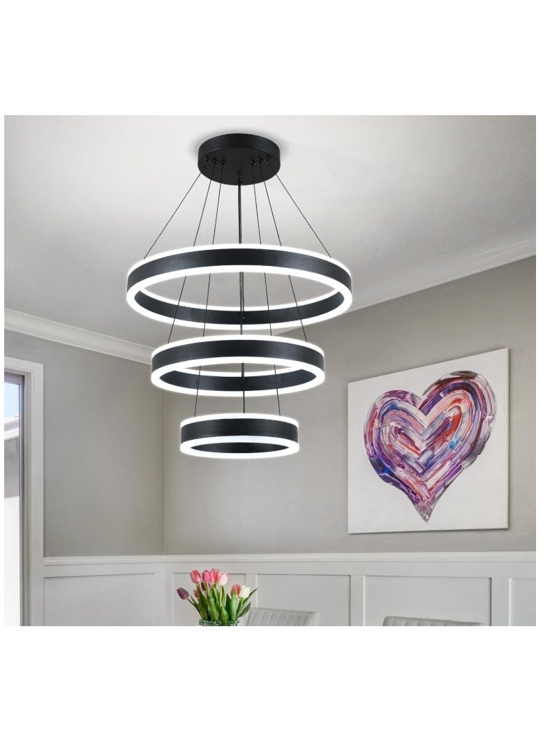 Modern LED Ring Chandelier – 3-Tier Adjustable Pendant Ceiling Light with Dimmable Halo Rings, Black Aluminum Frame for Dining Room, Living Room, Foyer, Bedroom, Staircase, and Contemporary Home Décor - Image 1